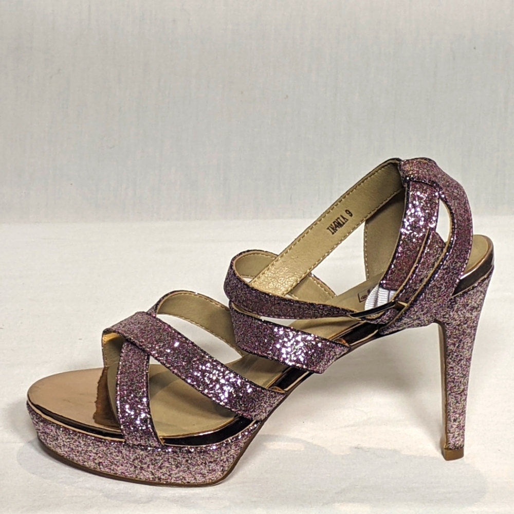 NEW Idifu Womens Cross Strap Heeled Sandal Rose Gold Glitter Sz 9